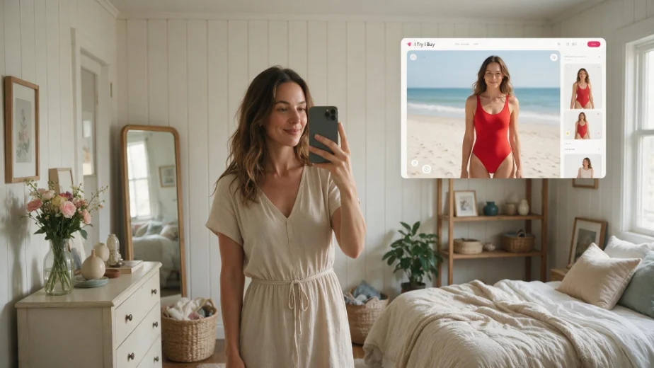 Cliente essayant un maillot de bain via le widget I Try sur mobile